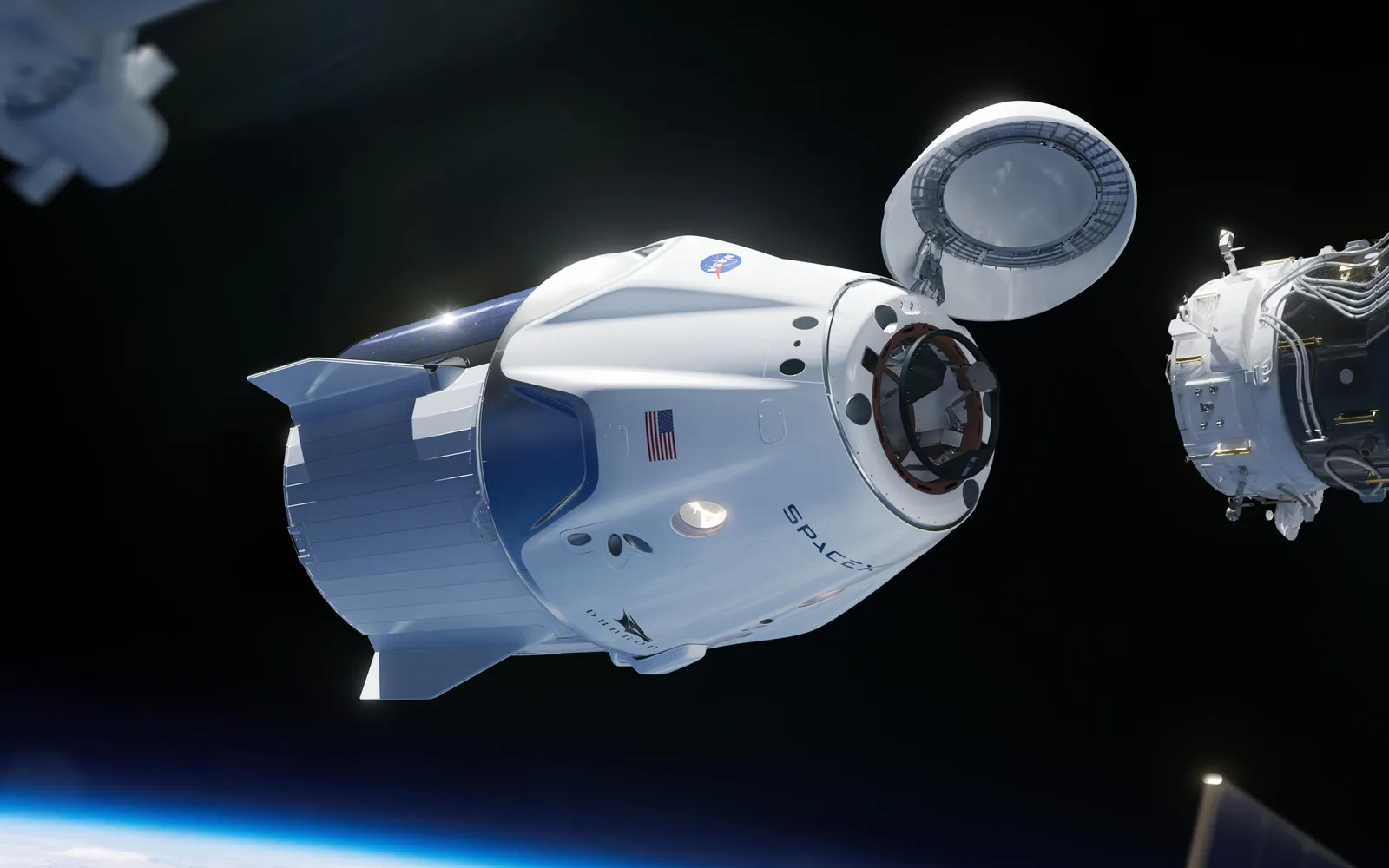 SpaceX Crew Dragon spacecraft illustration approaching a space station
